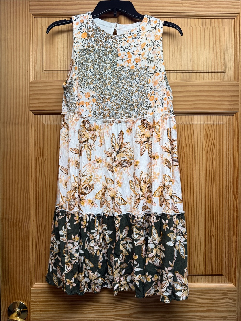 Sleeveless Floral Patchwork Midi Dress in Cream and Olive
